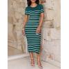 ZESICA Women’s 2026 Summer Bodycon Midi Dress Striped Short Sleeve Ribbed Knit Slim Fit Side Slit Vacation Long Dresses(Teal)