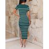 ZESICA Women’s 2026 Summer Bodycon Midi Dress Striped Short Sleeve Ribbed Knit Slim Fit Side Slit Vacation Long Dresses(Teal)