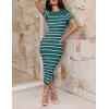 ZESICA Women’s 2026 Summer Bodycon Midi Dress Striped Short Sleeve Ribbed Knit Slim Fit Side Slit Vacation Long Dresses(Teal)