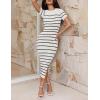ZESICA Women’s 2026 Summer Bodycon Midi Dress Striped Short Sleeve Ribbed Knit Slim Fit Side Slit Vacation Long Dresses(White)