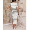 ZESICA Women’s 2026 Summer Bodycon Midi Dress Striped Short Sleeve Ribbed Knit Slim Fit Side Slit Vacation Long Dresses(White)