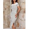 ZESICA Women’s 2026 Summer Bodycon Midi Dress Striped Short Sleeve Ribbed Knit Slim Fit Side Slit Vacation Long Dresses(White)