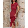 ZESICA Women’s 2026 Summer Bodycon Midi Dress Striped Short Sleeve Ribbed Knit Slim Fit Side Slit Vacation Long Dresses(Wine)