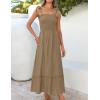 ZESICA Women’s 2026 Summer Boho Spaghetti Strap Square Neck Solid Color Ruffle A Line Beach Long Maxi Dress(Khaki)