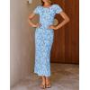 ZESICA Women’s 2026 Summer Floral Bodycon Dress Short Sleeve Ruched Mesh Wedding Guest Cocktail Party Midi Dresses(Blue)