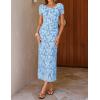 ZESICA Women’s 2026 Summer Floral Bodycon Dress Short Sleeve Ruched Mesh Wedding Guest Cocktail Party Midi Dresses(Blue)