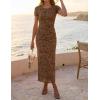 ZESICA Women’s 2026 Summer Floral Bodycon Dress Short Sleeve Ruched Mesh Wedding Guest Cocktail Party Midi Dresses(Brown)