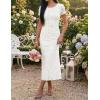 ZESICA Women’s 2026 Summer Floral Bodycon Dress Short Sleeve Ruched Mesh Wedding Guest Cocktail Party Midi Dresses(White)