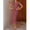 ZESICA Women’s 2026 Summer Floral Bodycon Dress Short Sleeve Ruched Mesh Wedding Guest Cocktail Party Midi Dresses(Wine)