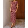 ZESICA Women’s 2026 Summer Floral Bodycon Dress Short Sleeve Ruched Mesh Wedding Guest Cocktail Party Midi Dresses(Wine)