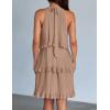 ZESICA Women’s 2026 Summer Halter Dresses Sleeveless Ruffle Tiered Layered Chiffon Pleated A Line Swing Mini Dress(Khaki)
