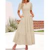 ZESICA Women’s 2026 Summer Short Sleeve Maxi Dress Casual V Neck Hollow Out Eyelet Ruffle Swing A Line Long Dresses(Apricot)