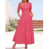 ZESICA Women’s 2026 Summer Short Sleeve Maxi Dress Casual V Neck Hollow Out Eyelet Ruffle Swing A Line Long Dresses(Hot Pink)