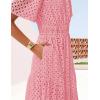 ZESICA Women’s 2026 Summer Short Sleeve Maxi Dress Casual V Neck Hollow Out Eyelet Ruffle Swing A Line Long Dresses(Pink)