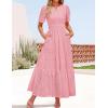 ZESICA Women’s 2026 Summer Short Sleeve Maxi Dress Casual V Neck Hollow Out Eyelet Ruffle Swing A Line Long Dresses(Pink)