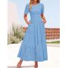 ZESICA Women’s 2026 Summer Short Sleeve Maxi Dress Casual V Neck Hollow Out Eyelet Ruffle Swing A Line Long Dresses(Sky)