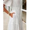 ZESICA Women’s 2026 Summer Short Sleeve Maxi Dress Casual V Neck Hollow Out Eyelet Ruffle Swing A Line Long Dresses(White)