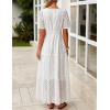 ZESICA Women’s 2026 Summer Short Sleeve Maxi Dress Casual V Neck Hollow Out Eyelet Ruffle Swing A Line Long Dresses(White)