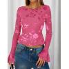 ZESICA Womens Bell Long Sleeve Going Out Tops 2026 Spring Trendy Mesh Floral Fitted Shirts Cute Date Y2k Top Outfits(Rose)