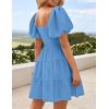 ZESICA Women’s Boho 2026 Summer Square Neck Puff Sleeve Off Shoulder Smocked Tiered Casual A Line Short Mini Dress(Blue)