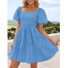 ZESICA Women’s Boho 2026 Summer Square Neck Puff Sleeve Off Shoulder Smocked Tiered Casual A Line Short Mini Dress(Blue)