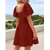 ZESICA Women’s Boho 2026 Summer Square Neck Puff Sleeve Off Shoulder Smocked Tiered Casual A Line Short Mini Dress(Brickred)