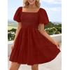 ZESICA Women’s Boho 2026 Summer Square Neck Puff Sleeve Off Shoulder Smocked Tiered Casual A Line Short Mini Dress(Brickred)