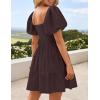 ZESICA Women’s Boho 2026 Summer Square Neck Puff Sleeve Off Shoulder Smocked Tiered Casual A Line Short Mini Dress(Coffee)