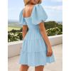 ZESICA Women’s Boho 2026 Summer Square Neck Puff Sleeve Off Shoulder Smocked Tiered Casual A Line Short Mini Dress(Lightblue)