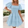 ZESICA Women’s Boho 2026 Summer Square Neck Puff Sleeve Off Shoulder Smocked Tiered Casual A Line Short Mini Dress(Lightblue)