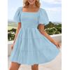ZESICA Women’s Boho 2026 Summer Square Neck Puff Sleeve Off Shoulder Smocked Tiered Casual A Line Short Mini Dress(Lightblue)