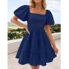 ZESICA Women’s Boho 2026 Summer Square Neck Puff Sleeve Off Shoulder Smocked Tiered Casual A Line Short Mini Dress(Navy)