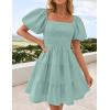 ZESICA Women’s Boho 2026 Summer Square Neck Puff Sleeve Off Shoulder Smocked Tiered Casual A Line Short Mini Dress(Sage)