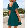 ZESICA Women’s Boho 2026 Summer Square Neck Puff Sleeve Off Shoulder Smocked Tiered Casual A Line Short Mini Dress(Teal)