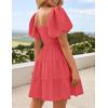 ZESICA Women’s Boho 2026 Summer Square Neck Puff Sleeve Off Shoulder Smocked Tiered Casual A Line Short Mini Dress(Watermelon)