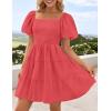 ZESICA Women’s Boho 2026 Summer Square Neck Puff Sleeve Off Shoulder Smocked Tiered Casual A Line Short Mini Dress(Watermelon)