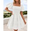 ZESICA Women’s Boho 2026 Summer Square Neck Puff Sleeve Off Shoulder Smocked Tiered Casual A Line Short Mini Dress(White)