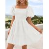 ZESICA Women’s Boho 2026 Summer Square Neck Puff Sleeve Off Shoulder Smocked Tiered Casual A Line Short Mini Dress(White)