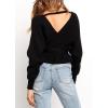 ZESICA Women’s Fall 2026 Wrap V Neck Long Batwing Sleeve Belted Waist Ruffle Knitted Sweater Pullover Top(Black)