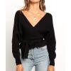 ZESICA Women’s Fall 2026 Wrap V Neck Long Batwing Sleeve Belted Waist Ruffle Knitted Sweater Pullover Top(Black)