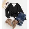 ZESICA Women’s Fall 2026 Wrap V Neck Long Batwing Sleeve Belted Waist Ruffle Knitted Sweater Pullover Top(Black)