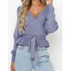 ZESICA Women’s Fall 2026 Wrap V Neck Long Batwing Sleeve Belted Waist Ruffle Knitted Sweater Pullover Top(Blue)