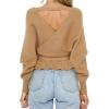 ZESICA Women’s Fall 2026 Wrap V Neck Long Batwing Sleeve Belted Waist Ruffle Knitted Sweater Pullover Top(Camel)