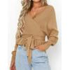 ZESICA Women’s Fall 2026 Wrap V Neck Long Batwing Sleeve Belted Waist Ruffle Knitted Sweater Pullover Top(Camel)