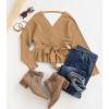 ZESICA Women’s Fall 2026 Wrap V Neck Long Batwing Sleeve Belted Waist Ruffle Knitted Sweater Pullover Top(Camel)