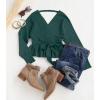 ZESICA Women’s Fall 2026 Wrap V Neck Long Batwing Sleeve Belted Waist Ruffle Knitted Sweater Pullover Top(Green)