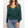ZESICA Women’s Fall 2026 Wrap V Neck Long Batwing Sleeve Belted Waist Ruffle Knitted Sweater Pullover Top(Green)