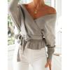 ZESICA Women’s Fall 2026 Wrap V Neck Long Batwing Sleeve Belted Waist Ruffle Knitted Sweater Pullover Top(Grey)