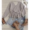 ZESICA Women’s Fall 2026 Wrap V Neck Long Batwing Sleeve Belted Waist Ruffle Knitted Sweater Pullover Top(Grey)