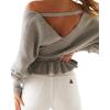 ZESICA Women’s Fall 2026 Wrap V Neck Long Batwing Sleeve Belted Waist Ruffle Knitted Sweater Pullover Top(Grey)